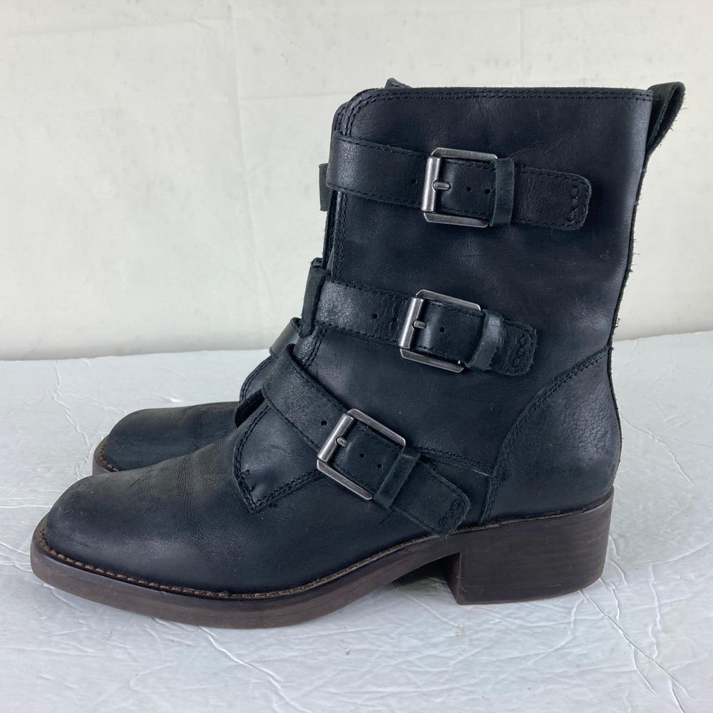 Lucky Brand Moto Boots 8 Black Leather Buckle Side Zip Motorcycle Biker Grunge - Picture 2 of 9